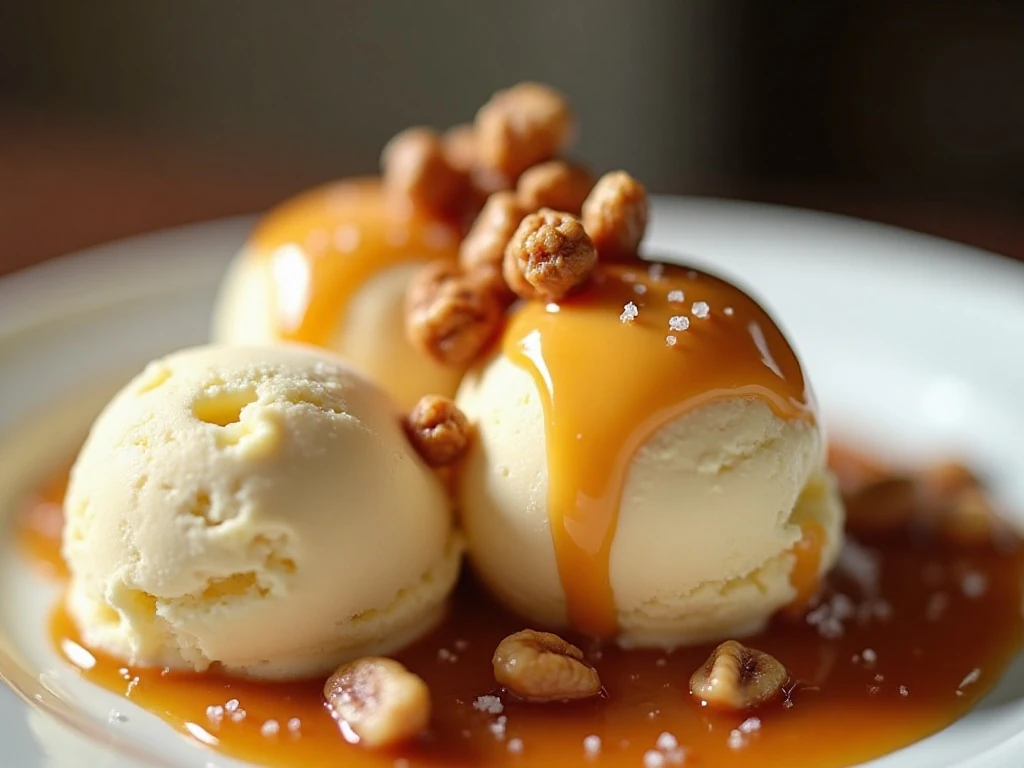 Vanilla ice cream drizzled with homemade salted caramel sauce