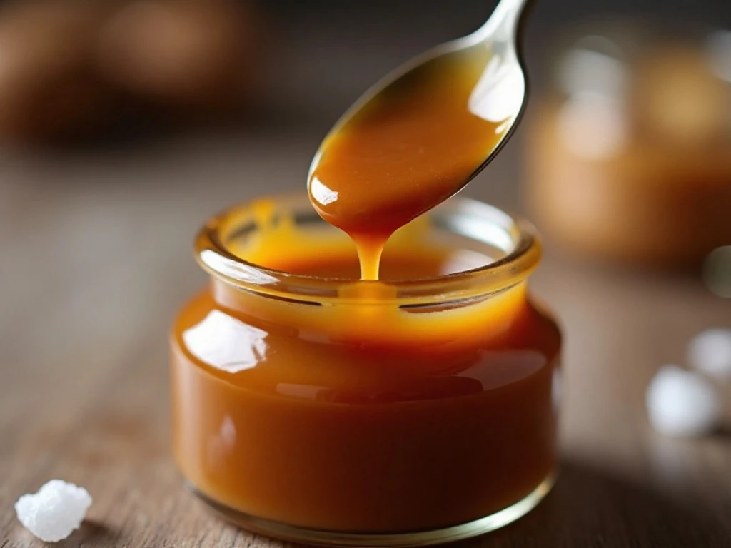 Thick glossy salted caramel sauce stored in a glass jar