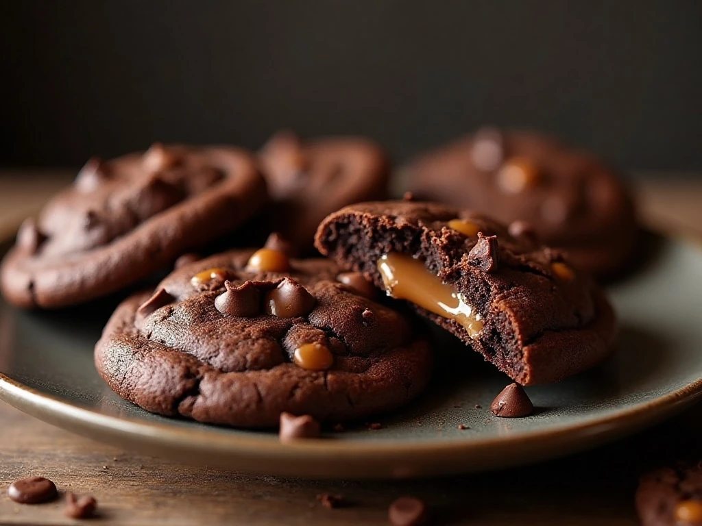 Salted caramel stuffed double chocolate cookies with gooey centers