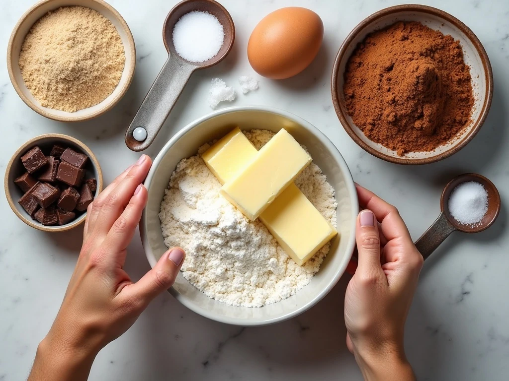 Ingredients for salted caramel stuffed double chocolate cookies