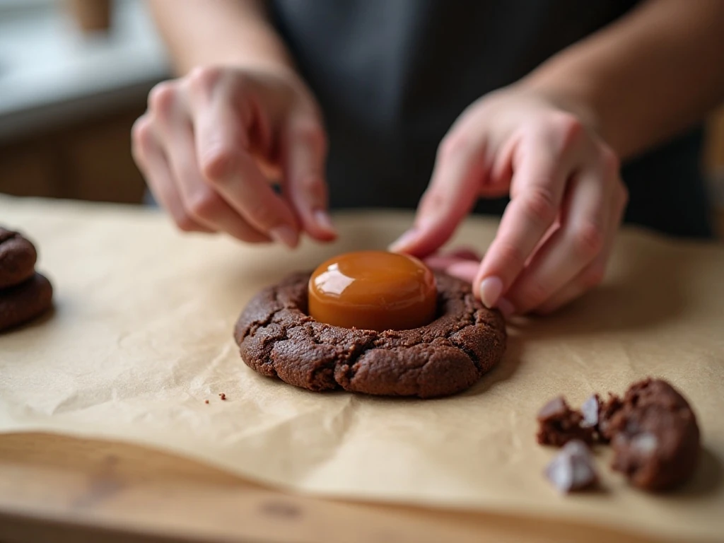 Wrapping chocolate cookie dough around caramel candies