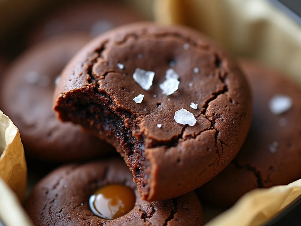 Close-up of flaky sea salt and caramel center in chocolate cookie