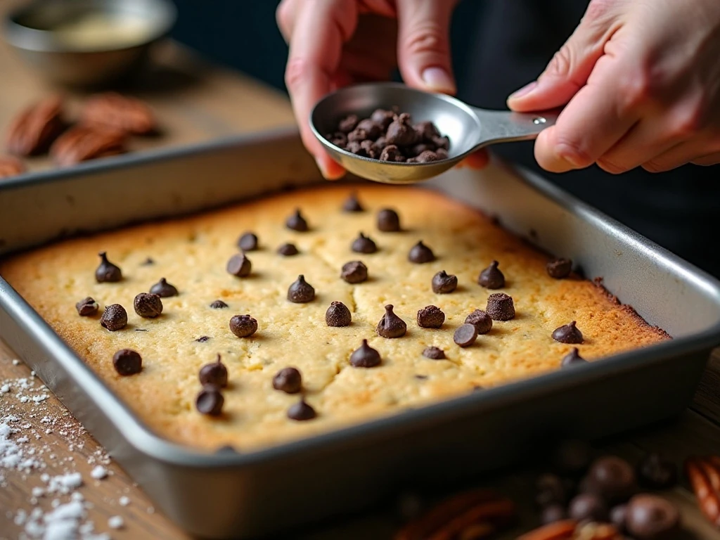Chocolate chips melting on hot shortbread crust