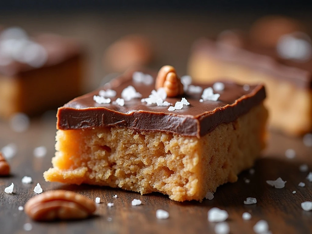 Close-up of pecan chocolate salted toffee bar