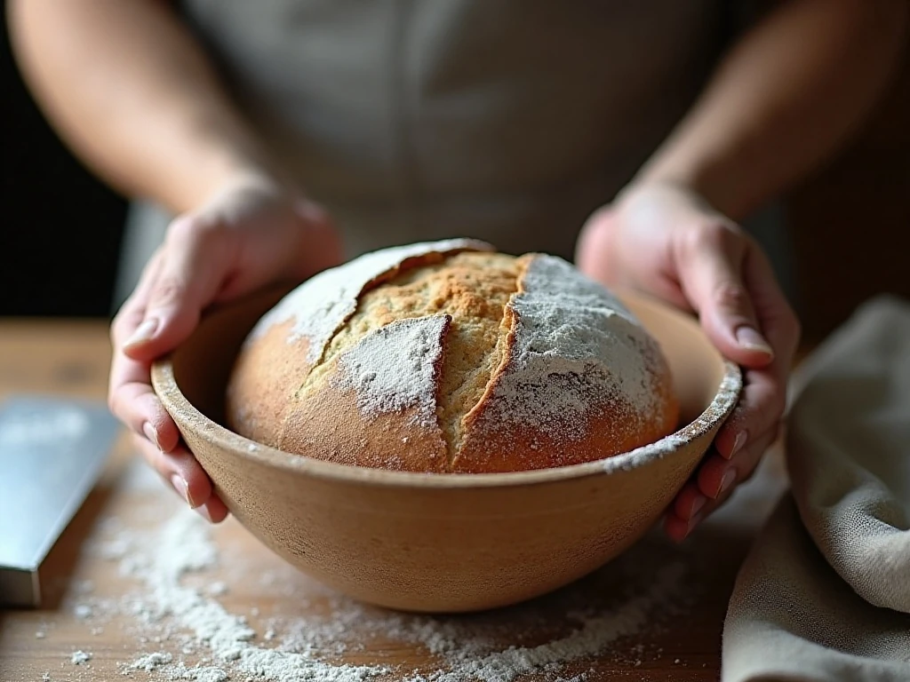 Sourdough boule resting in a floured banneton before baking