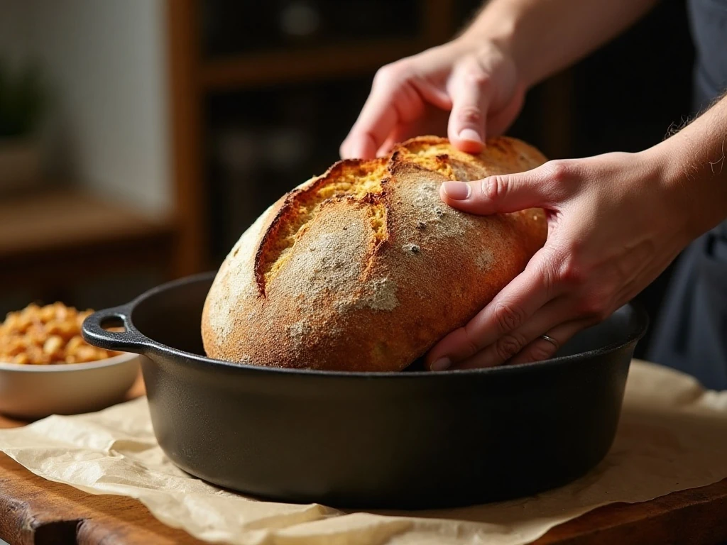 Fresh sourdough loaf baked in a Dutch oven