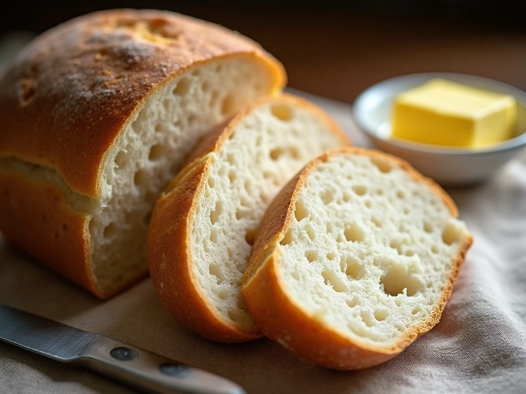 Close-up of sliced sourdough bread served with butter