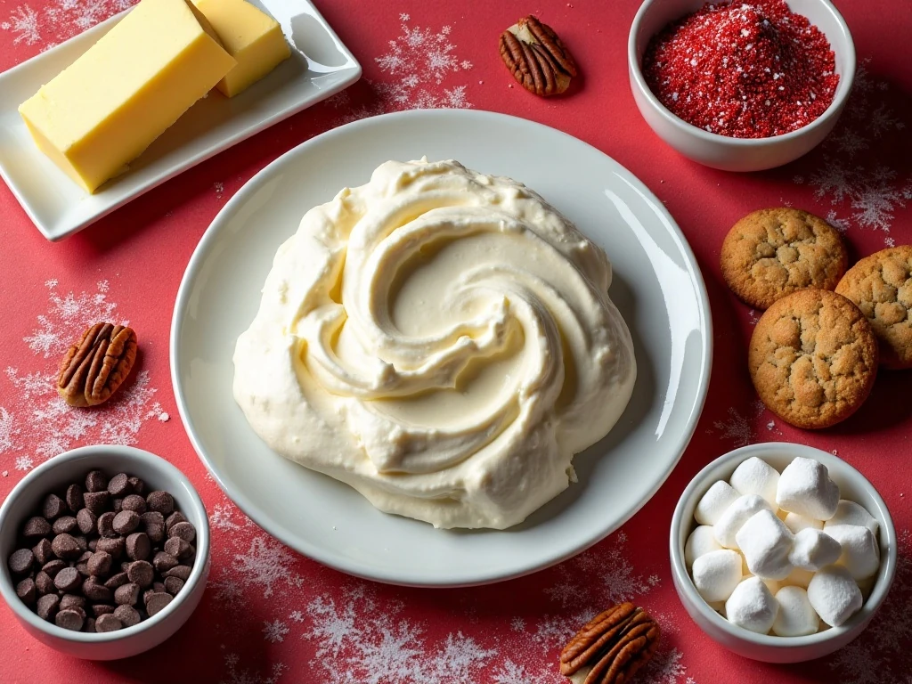 Ingredients for a Santa cheesecake ball arranged for a holiday dessert