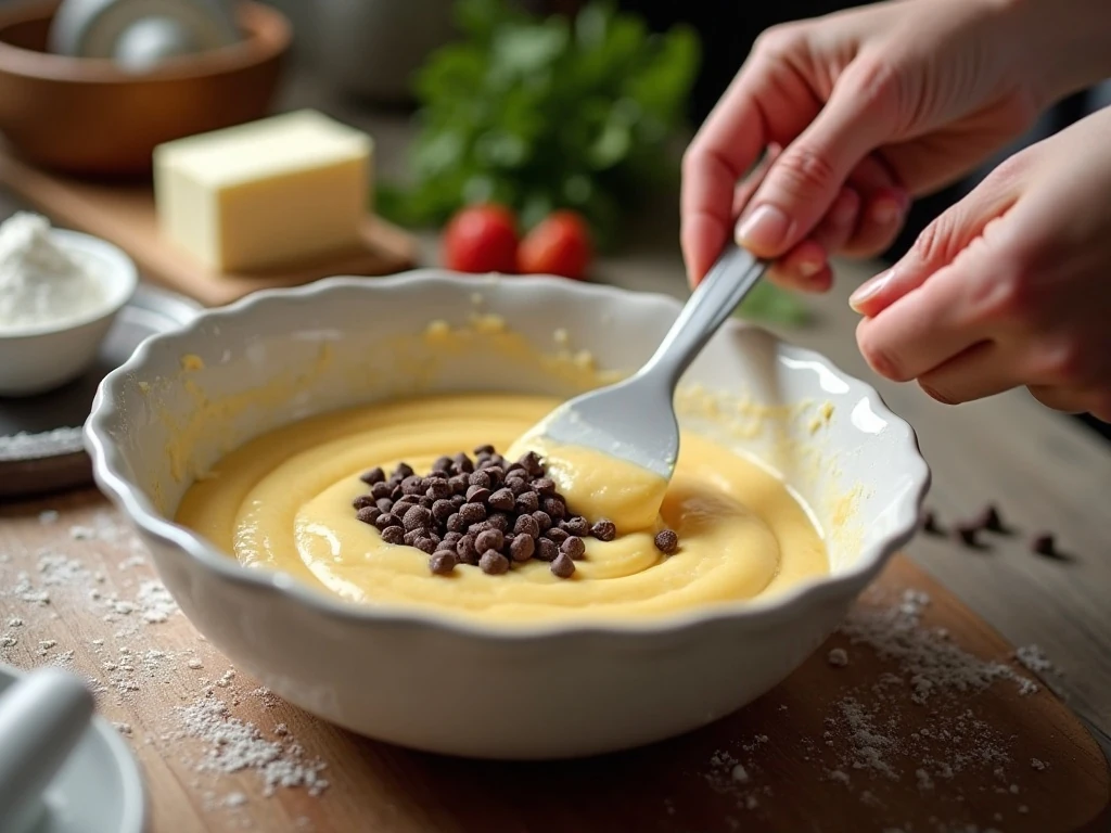 Creamy cheesecake mixture being combined with mini chocolate chips