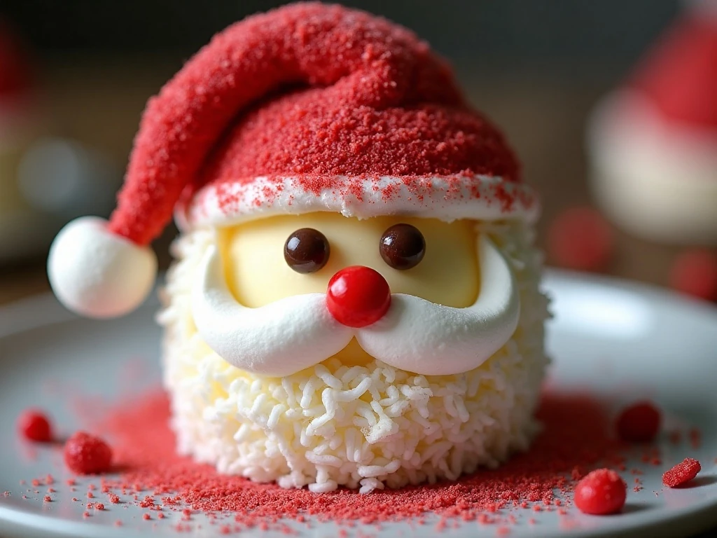 Close-up of coconut beard and red sugar decorations on Santa cheesecake