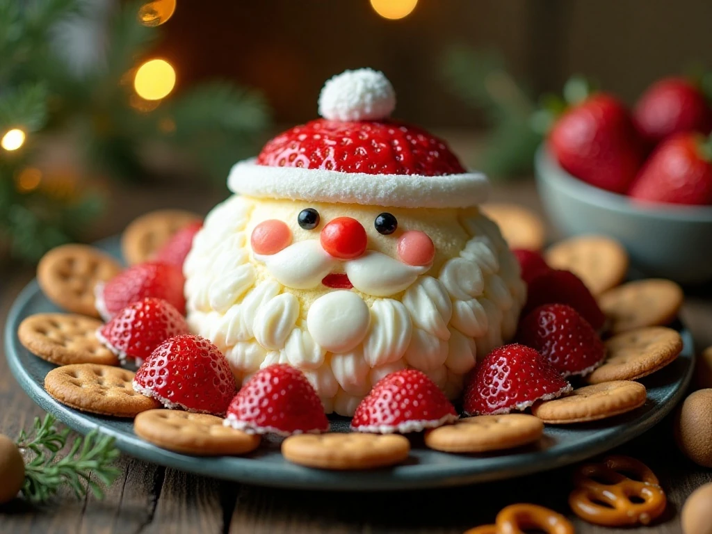 Santa cheesecake ball served with cookies, pretzels, and fruit