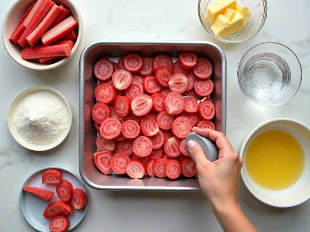 Ingredients for Sassy Rhubarb Swirl Dessert arranged for baking