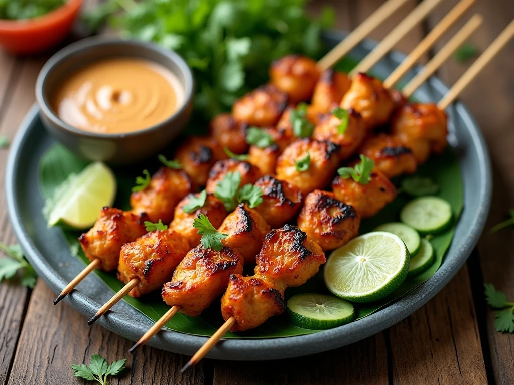 Thai-style chicken satay skewers with peanut sauce, lime, cilantro, and cucumber salad