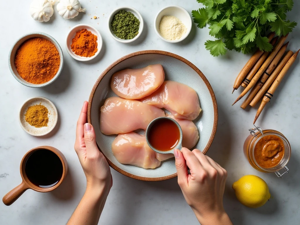 Ingredients for chicken satay skewers and creamy peanut sauce