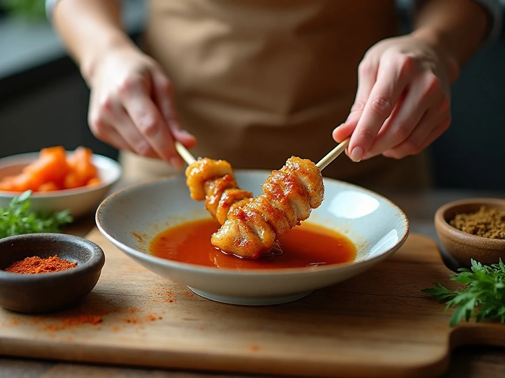 Threading marinated chicken onto bamboo skewers for satay