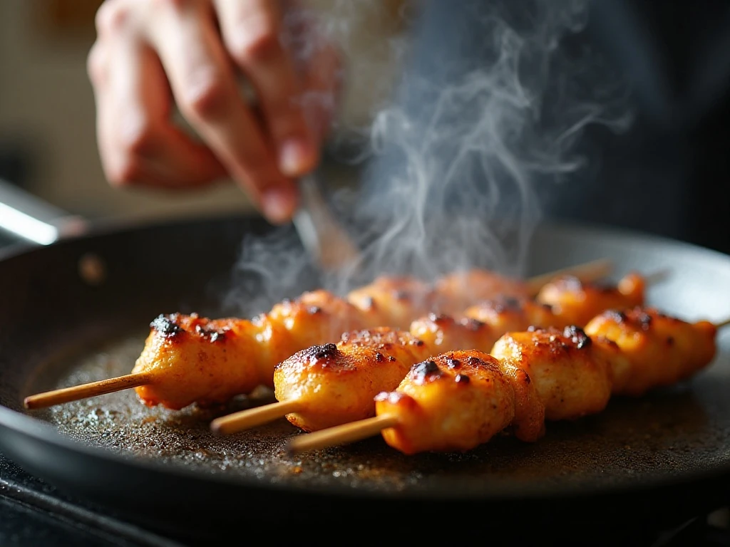 Chicken satay skewers developing light char on a grill pan