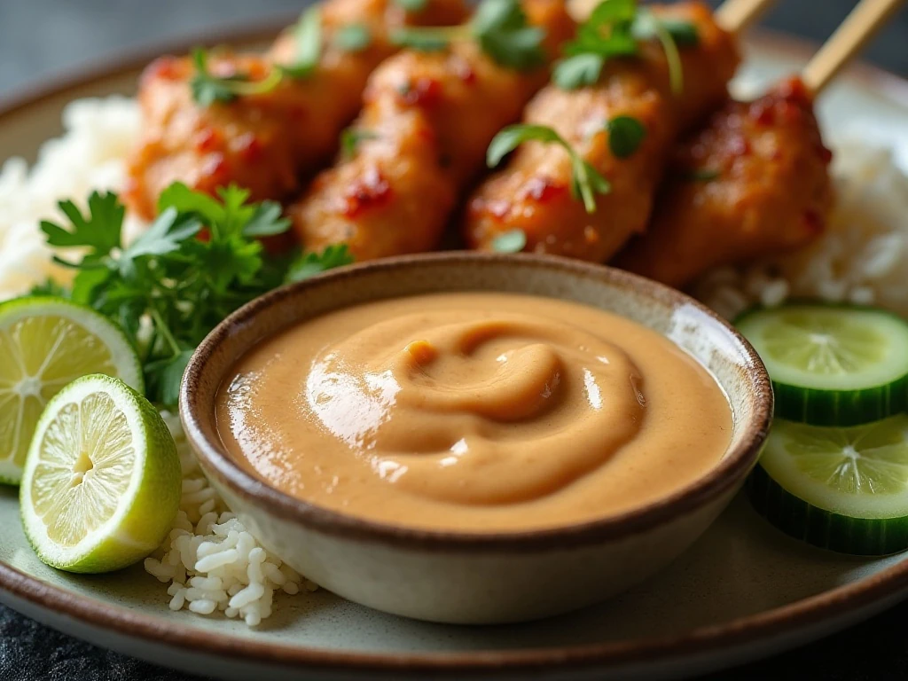 Peanut sauce, lime, herbs, cucumber, and rice served with chicken satay