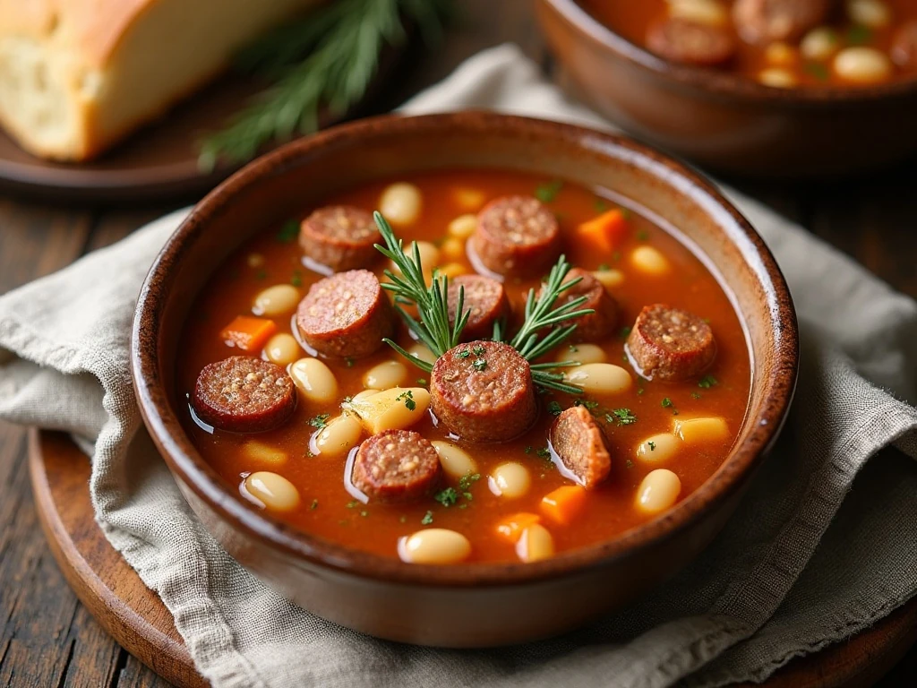 Hearty slow cooker sausage and bean soup served with crusty bread