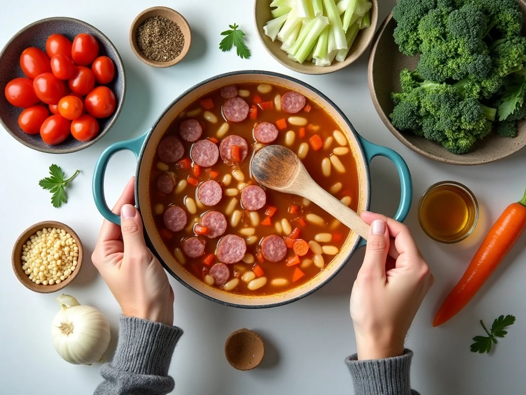 Ingredients for slow cooker sausage and bean soup