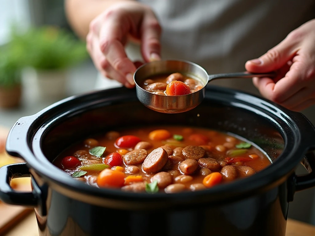 Adding browned sausage and soup ingredients to a slow cooker