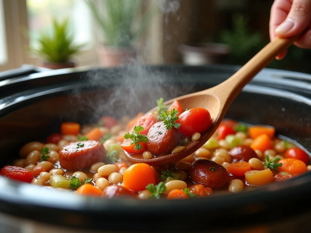 Stirring sausage and bean soup in a crockpot
