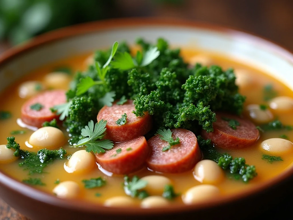 Sausage and bean soup topped with kale and fresh parsley