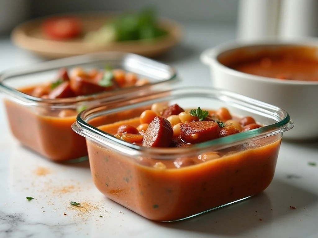 Stored and reheated slow cooker sausage and bean soup