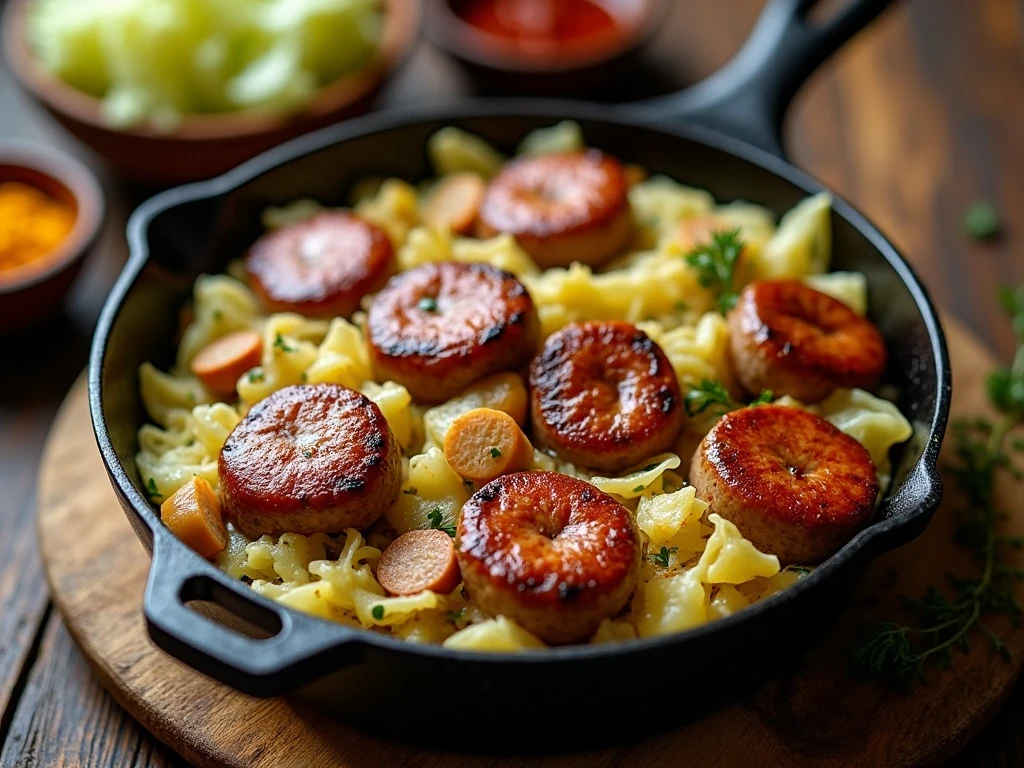 Smoked sausage and tender cabbage skillet served for dinner