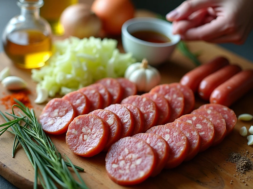 Ingredients for an easy sausage and cabbage skillet