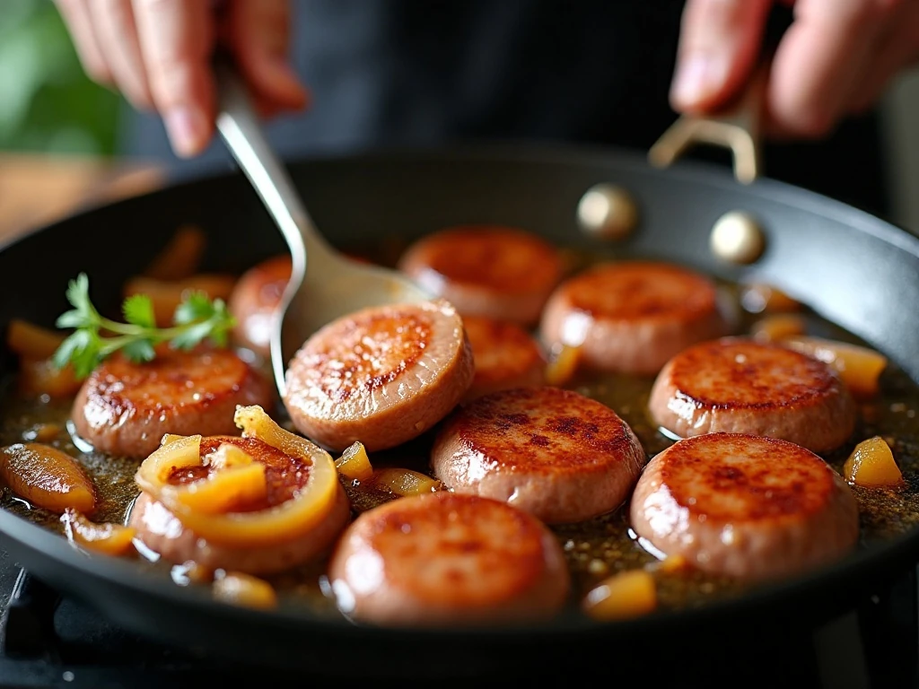 Sausage browning in a skillet before adding cabbage