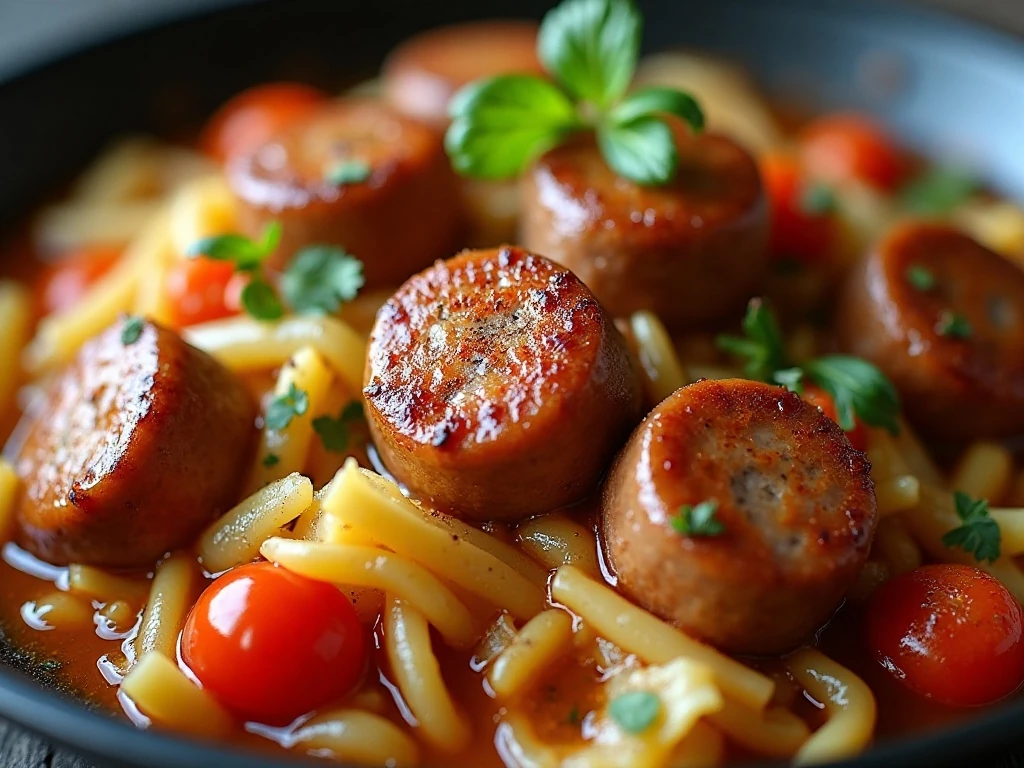 Close-up texture of sausage and cabbage with seasoning