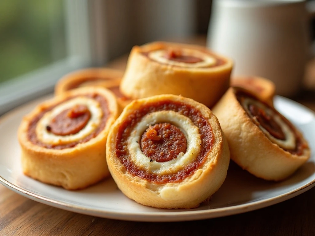 Golden sausage and cream cheese pinwheels arranged on a serving platter