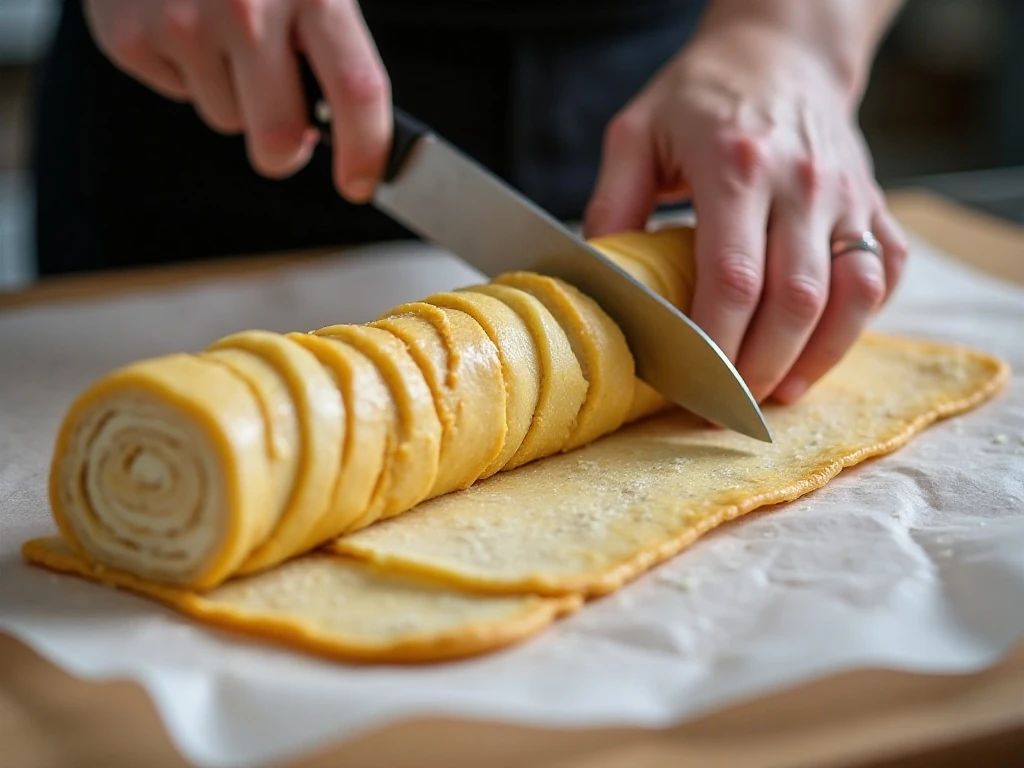 Slicing a chilled sausage and cream cheese pinwheel log