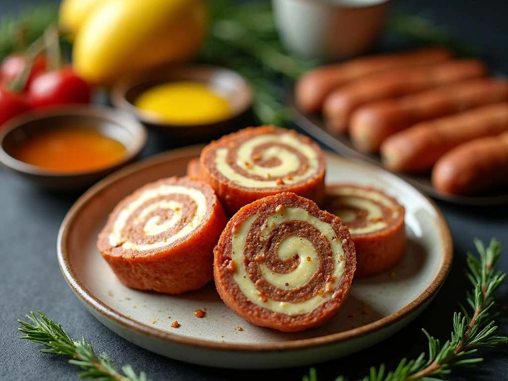 Sausage cream cheese pinwheels served with dipping sauces