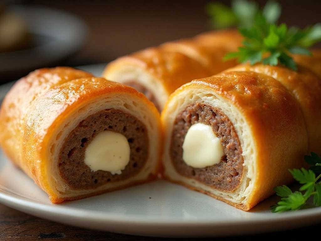 Close-up of the creamy center and flaky layers of a sausage pinwheel