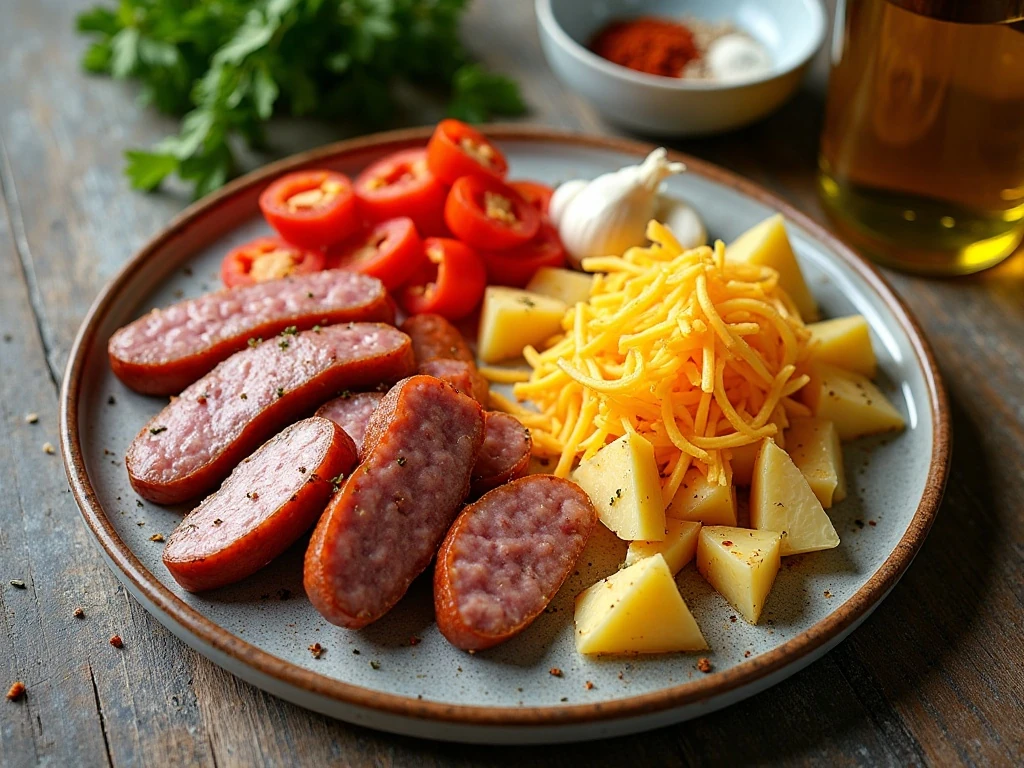 Ingredients for easy sausage and potatoes casserole arranged on a countertop