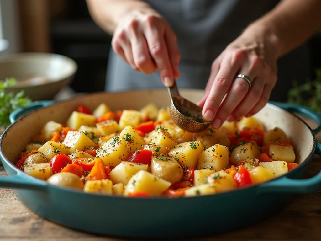 Potatoes and vegetables seasoned in a casserole dish before roasting