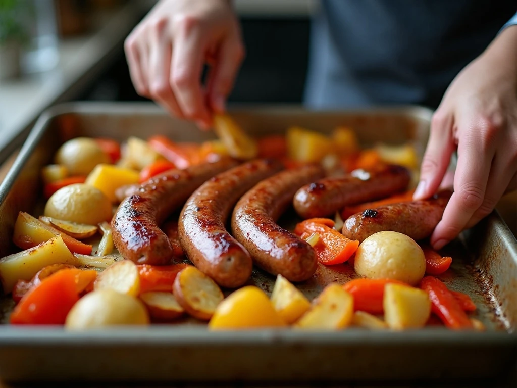 Smoked sausage added to partly roasted potatoes and vegetables