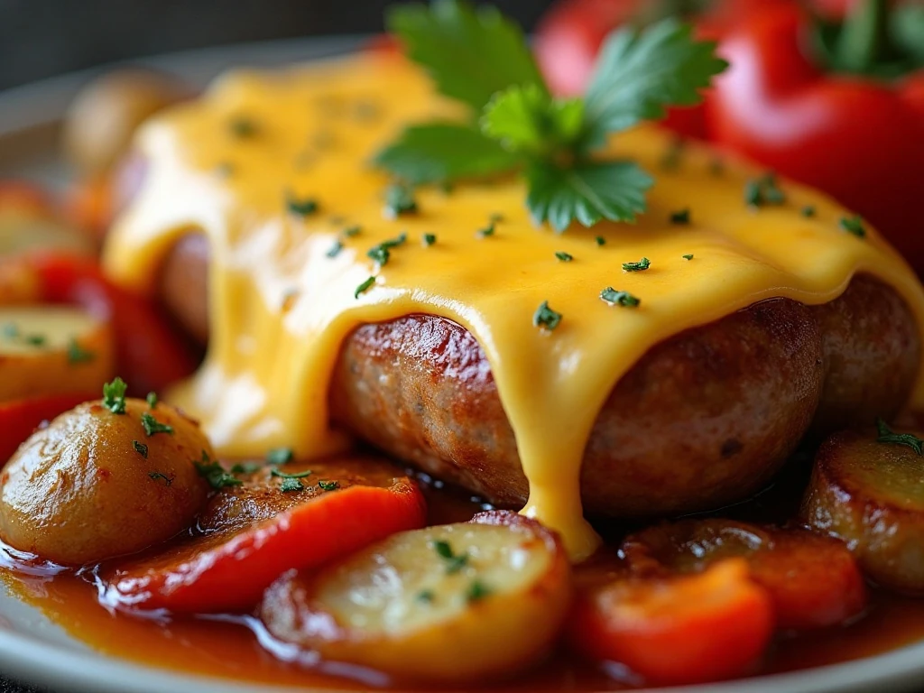 Melted cheddar topping on sausage and potato casserole