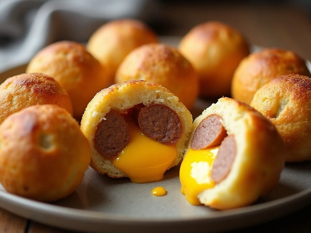 Golden sausage egg and cheese breakfast bombs on a platter