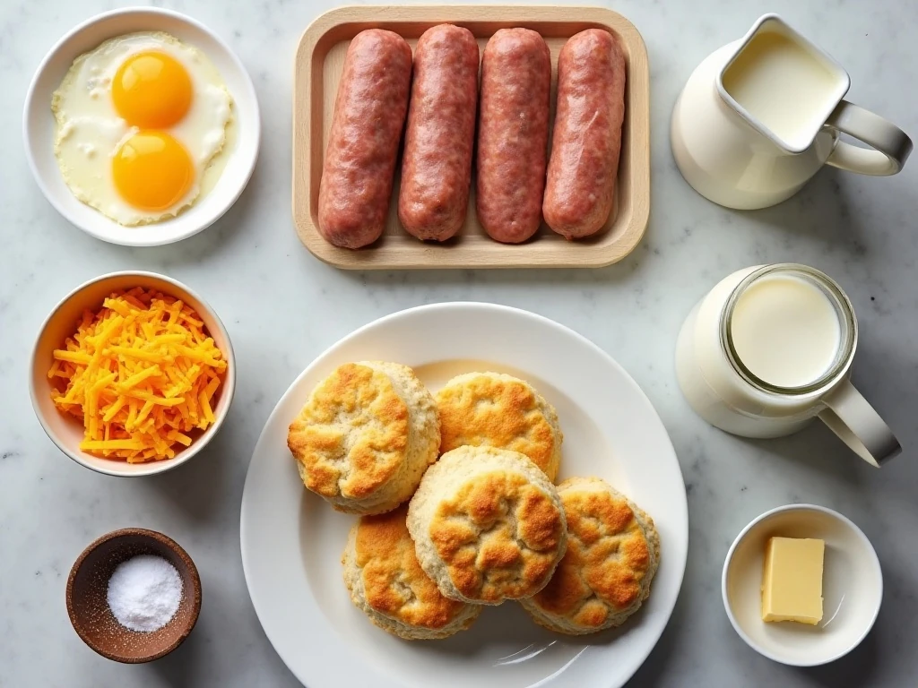 Ingredients for sausage egg and cheese breakfast bombs