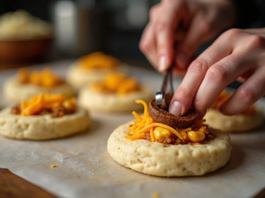 Filling biscuit dough rounds for breakfast bombs