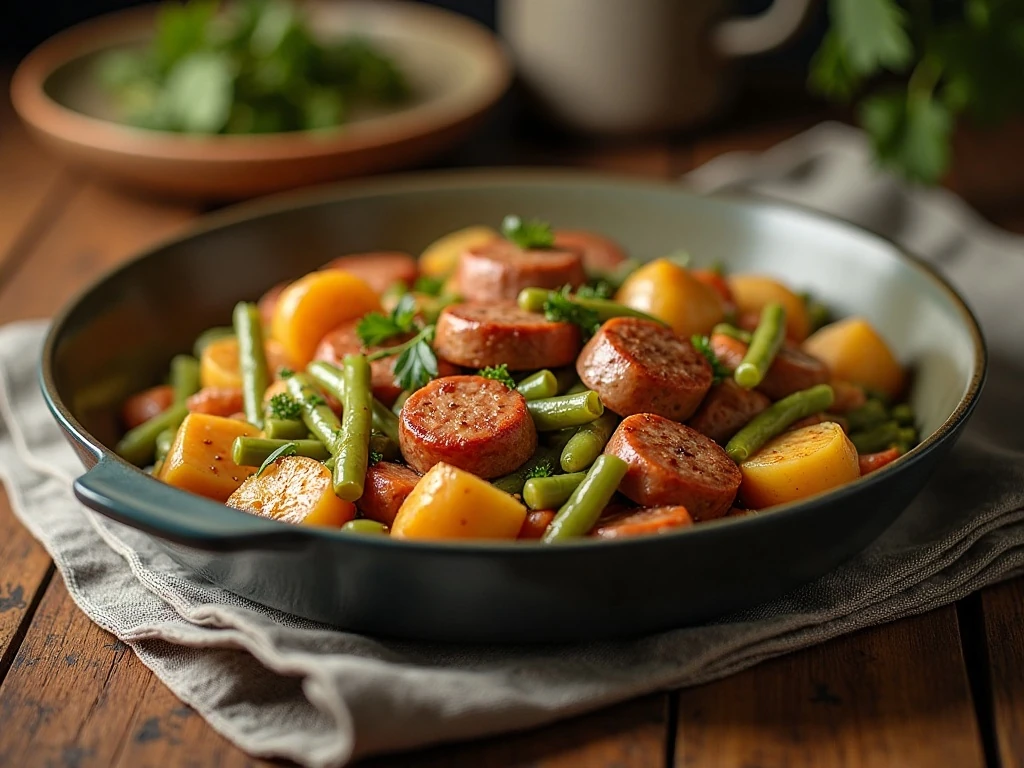 Sausage green bean and potato casserole ready for dinner