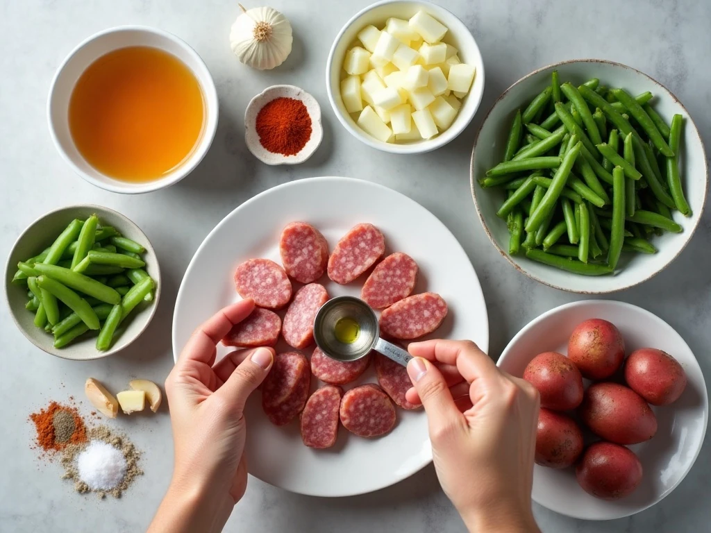 Ingredients for sausage green bean and potato casserole
