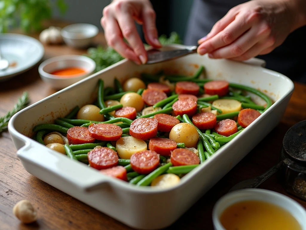 Assembling sausage and vegetable casserole in a baking dish
