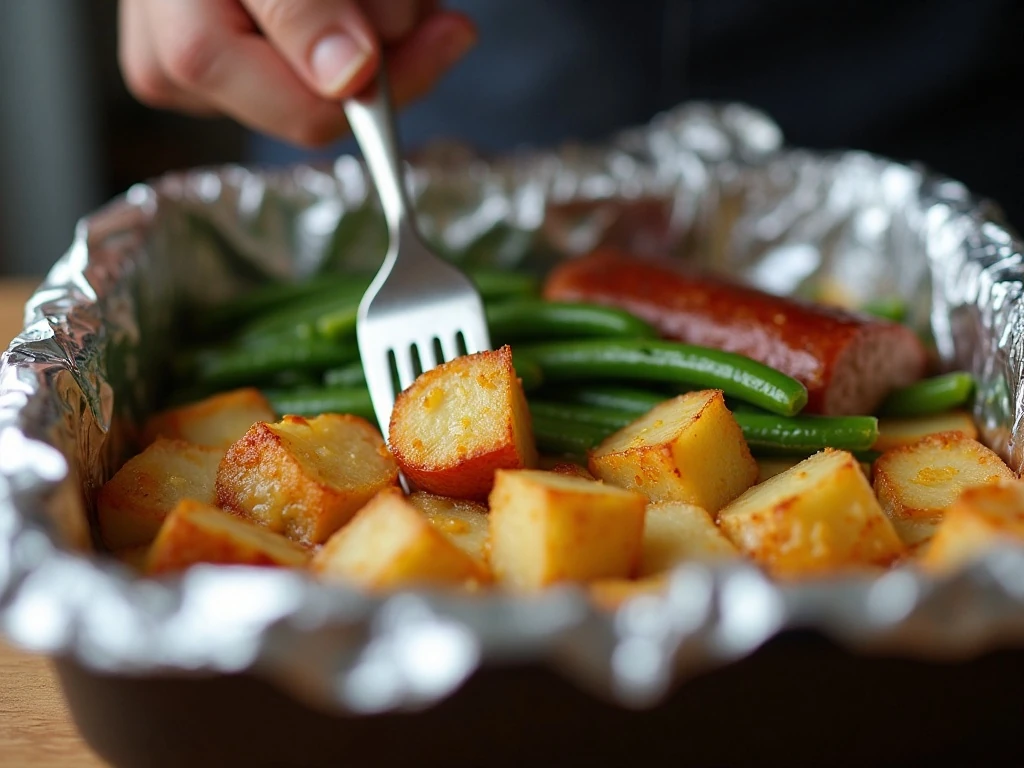 Checking potato tenderness in sausage casserole
