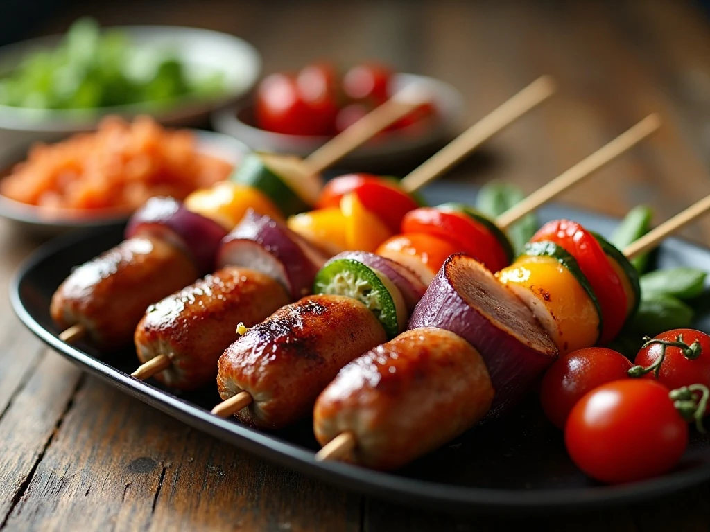 Colorful oven-roasted sausage kabobs served for an easy weeknight dinner