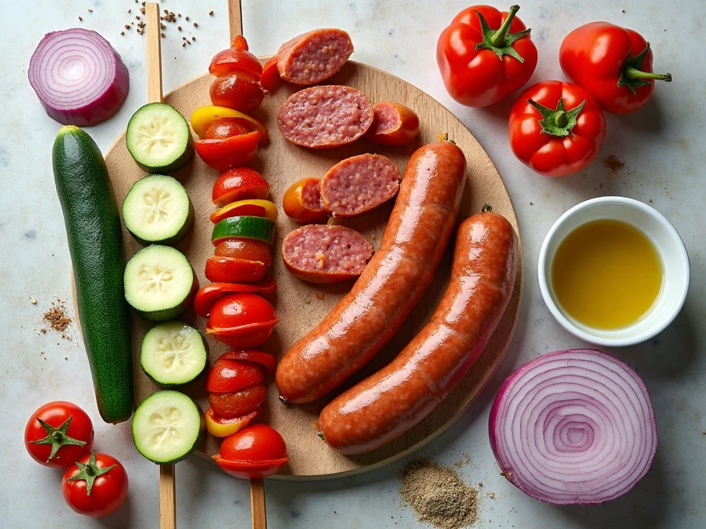 Ingredients for oven sausage kabobs with kielbasa and vegetables