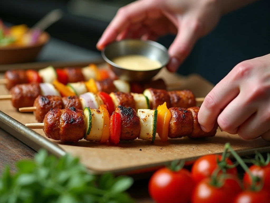 Assembling sausage and vegetable kabobs before roasting