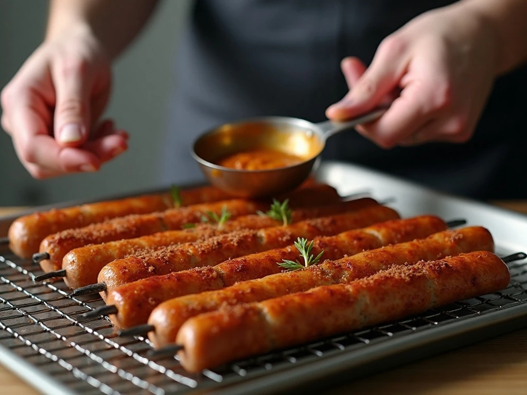 Sausage kabobs spaced on a baking sheet for even roasting